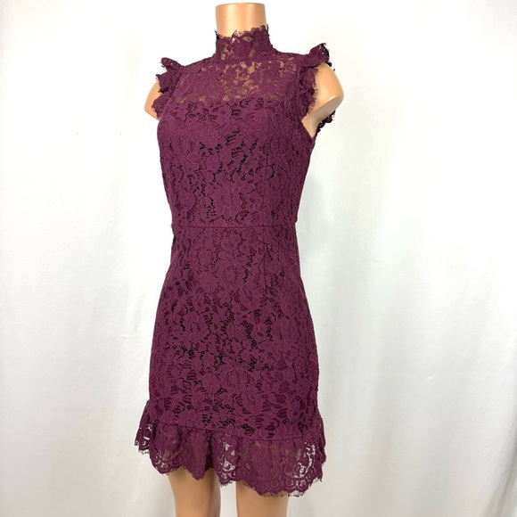 Storia High Neck Lace Ruffled Mini Dress Sleeveless Burgundy Red Sz M Boho Chic - Picture 10 of 16